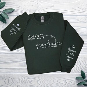 Custom Mom to Grandma Sweatshirt with Kids Names on Sleeves, Personalized Family Sweatshirt Gift