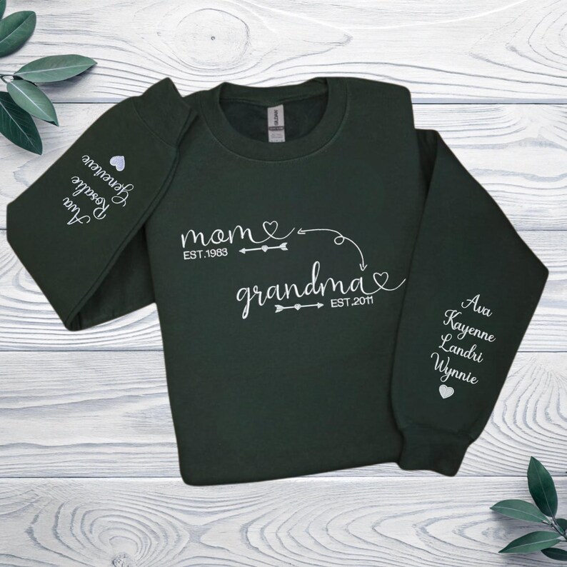 Custom Mom to Grandma Sweatshirt with Kids Names on Sleeves, Personalized Family Sweatshirt Gift