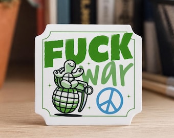 Fuck War Turtle Sticker, Anti War Peace Vinyl Decal, Funny Protest Turtle Sticker, Political Laptop Water Bottle Sticker Gift Retro Graphic