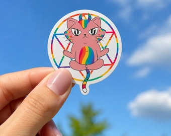 Rainbow Cat Pentagram Sticker: Witchy Wiccan Art - Pentacle Artwork Pentangle Sticker - Witchery Essentials Gift Moon Child