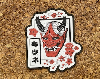 Hannya Mask Sticker: Japanese Demon, Cherry Blossom - Matte Finish