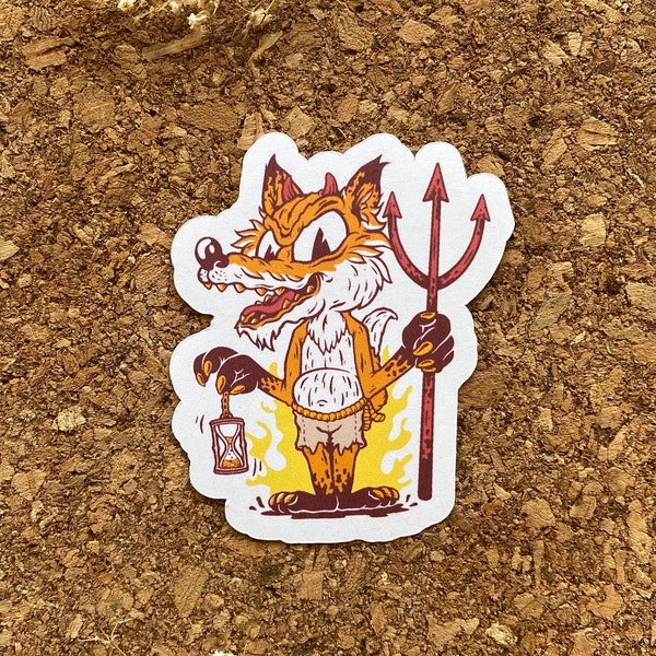 Evil little Fox with Devil Horns Sticker Red Fox Sticker Cartoon Fox Sticker Evil Vulpine with a Trident Sticker - Matte Finish