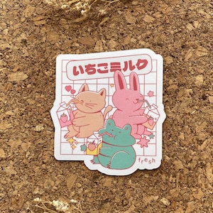 Kawaii Katze Erdbeermilch Aufkleber Kawaii Frosch Erdbeermilch Aufkleber Kawaii Kaninchen Erdbeermilch Aufkleber Chibi Tier - Matte Finish