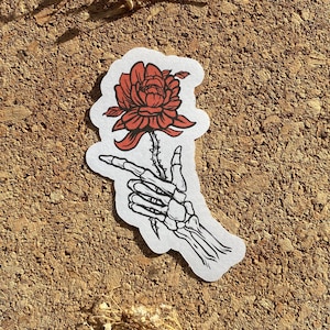 Skelett Rose Hand Aufkleber Death and Love Aufkleber rote Rose Aufkleber abstrakte Illustration Aufkleber Tattoo-Stil Aufkleber digitales Kunstwerk