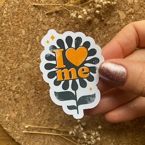 I Love Me フラワーステッカー レトロ 80 年代ステッカー 80 年代をテーマにしたステッカー アンティーク調とグランジ風のステッカー ヒッピーステッカー - マット仕上げ