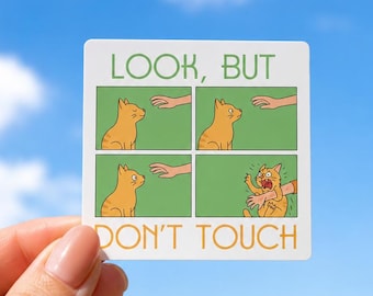Look But Don’t Touch Cat Meme Sticker, Funny Orange Cat Decal, Cute Pet Vinyl Sticker, Waterproof Laptop Bottle Sticker Gift for Cat Lovers