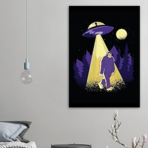 Alien abduction wall art retro Bigfoot poster Hide and seek champion poster Flying saucer print digital print 80s retro vibe poster