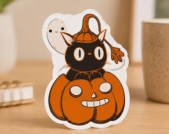Adesivo de Gato Preto com Abóbora, Adesivo de Vinil Fofo para o Halloween, Adesivo Impermeável para Laptop e Garrafa de Água com Fantasma Assustador, Presente de Outono com Tema de Bruxa para Amantes de Gatos
