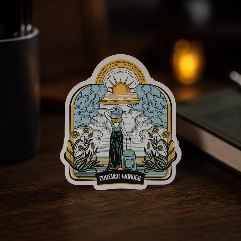 May include: A die-cut sticker featuring a graphic illustration of a person in a hat and long dress standing with a suitcase. The scene includes a sun, clouds, and flowers, framed in an archway with the text FOREVER WANDER at the bottom.