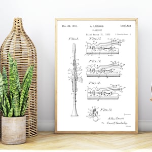 Klarinet blauwdruk houten klarinet patent art houtblazer instrument wall art muziekinstrument blauwdruk vintage patent art retro print