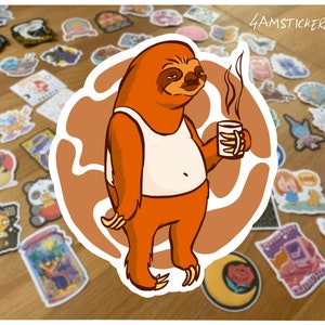 Lazy and exhausted sloth drinking coffee sticker funny sloth art sticker not a morning person artwork sticker sloth lover decal