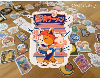 Ramen Koch Aufkleber Japanischer Ramen Koch Aufkleber Asiatisches Essen im Ramen Shop eine süße Katze, die asiatische Nudeln macht