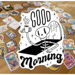 Pegatina de esqueleto de buenos días, pegatina de lápida, pegatina de amante del café, pegatina mitad humano mitad café, pegatina de mamá adicta a la cafeína