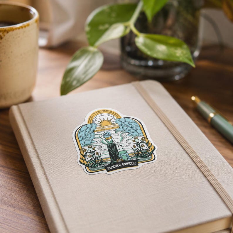 May include: A die-cut sticker featuring a colorful illustration of a person with a hat and suitcase standing before a sunset, clouds, and flowers. The design includes a black banner at the bottom with the white text FOREVER WANDER.