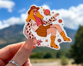 Trippy Hippie Girl in Space Sticker: 70s Retro Art Decal - Flower Power Art Illustration - Boho Decal Art Cozy Art Sticker