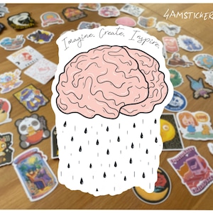 Sticker cerveau inspirant - Citation « Imaginez, créez, inspirez » | Sticker santé mentale, vinyle et papier, autocollant imperméable, motivation positive