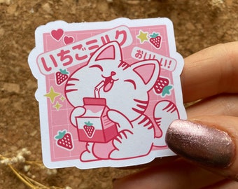 Kawaii Cat drinking Strawberry Milk Sticker Kawaii Cat Sticker Kawaii Japan Sticker Vaporwave Sticker Retro Aesthetic Sticker - Matte Finish