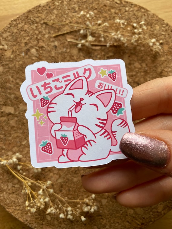 Kawaii Cat drinking Strawberry Milk Sticker Kawaii Cat Sticker Kawaii Japan Sticker Vaporwave Sticker Retro Aesthetic Sticker - Matte Finish