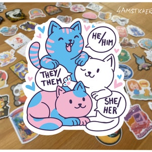 Cat Pronoun Sticker: He/Him, She/Her, They/Them - LGBTQ Pride Art