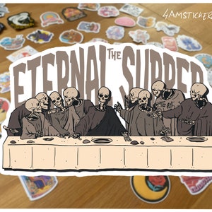 Sticker Het eeuwige avondmaal in een modern herontwerp kunstwerk parodie atheïst schedels sticker kunst atheïsme sticker moderne jezus kunst sticker