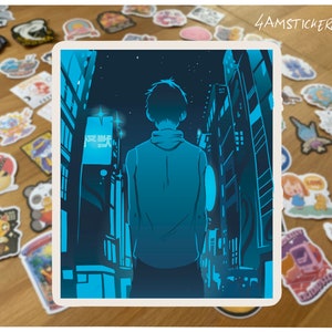 Vaporwave anime boy walking through japanese streets sticker dark aesthetic sticker vapo wave sticker japanese manga artwork sticker