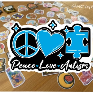 Pegatina de paz y amor para el autismo, pegatina del mes de concienciación sobre el autismo, regalo artístico para autistas, pieza de rompecabezas para el autismo, pegatina para el trastorno del espectro autista
