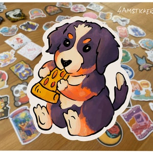 Berner Hund essen Pizza Aufkleber - Entzückender Haustier Aufkleber Berner Sennenhund Aufkleber Pizzaliebhaber Aufkleber Hundeliebhaber Aufkleber Foodie Geschenk Kunst