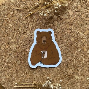 Funny Brown Bear Drinking Coffee Sticker - Retro Matte Finish image 2