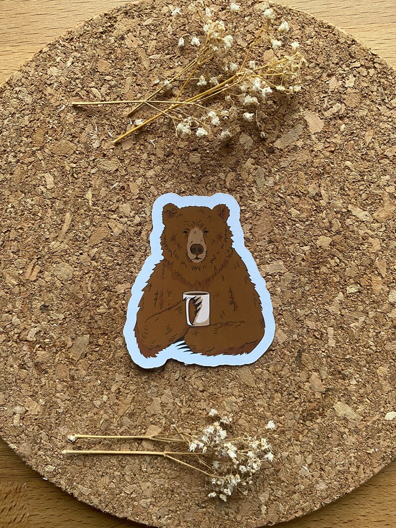 Funny Brown Bear Drinking Coffee Sticker - Retro Matte Finish image 2