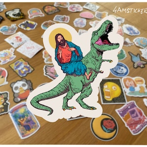 Sticker Jesus chevauchant Trex Sticker jésus-christ drôle Sticker t rex Sticker tyrannosaurus rex Sticker dinosaure Sticker religieux sarcastique