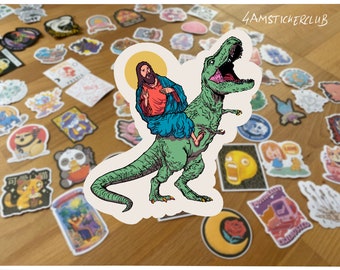 Funny Jesus Riding T-Rex Sticker - Sarcastic Religious Dinosaur Sticker