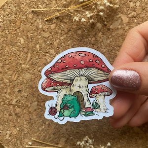Sticker grenouille mignon Sticker grenouille à tricoter Sticker grenouille verte et champignon rouge Sticker contour de couleur Sticker couleur pastel - Finition mate