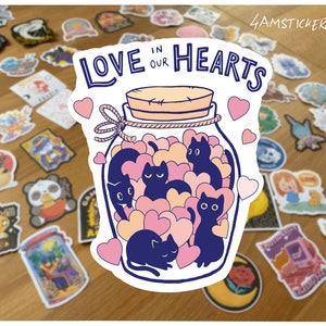 Sticker antidépresseurs Sticker love in our hearts Stickers chats dans une bouteille Sticker chat noir pilule pilule sticker chat noir