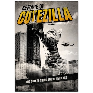 CUTEZILLA Funny Cat Movie Poster: Retro Monster Cat Wall Art