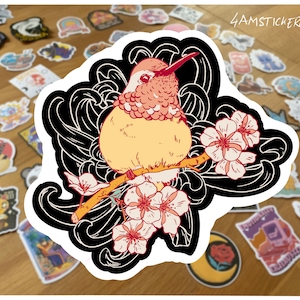 Niedlicher rosa Kolibri auf einem Kirschblütenzweig sitzend Aufkleber Vogelliebhaber Kunst Aufkleber kawaii asiatischer Kunstaufkleber Sakura Blumenbaum Kunst