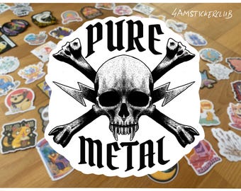 Pure Metal Sticker Skull and Crossbones Vinyl Waterproof Heavy Metal Decal Rock Band Aesthetic Laptop Guitar Case Punk Sticker