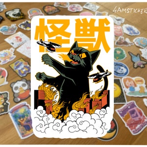 Catzilla greift eine Stadt an Aufkleber lustige Katzenmonster Aufkleber japanisches Filmplakat asiatische Monster Aufkleber Kaiju Aufkleber Kunst