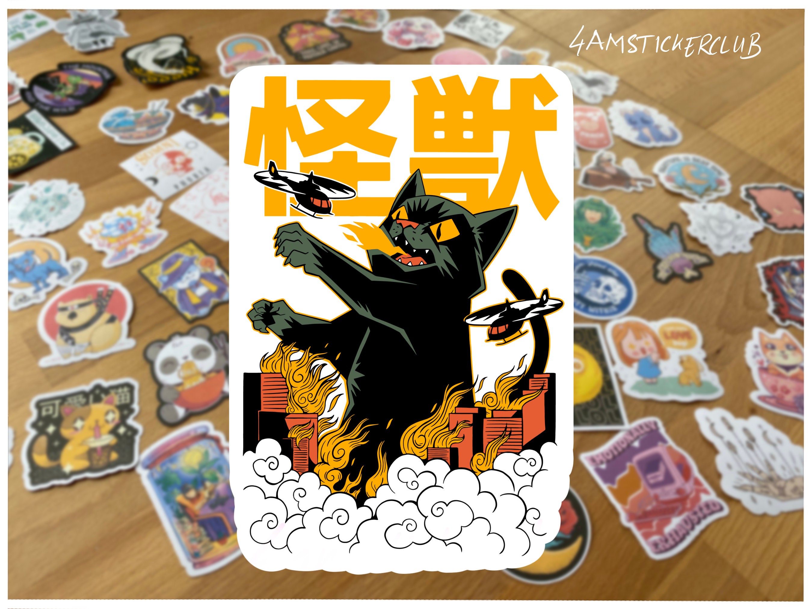 Catzilla attacking a town sticker funny cat monster sticker japanese movie poster art sticker asian monster sticker Kaiju sticker art