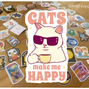 Katzen machen mich glücklich Sticker Artwork Katze Mama und Katze Papa Liebe Illustration lustige Katze Aufkleber Kunst Katze trägt Sonnenbrille und trinkt Kaffee