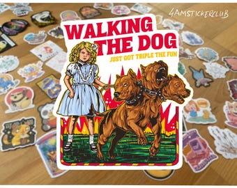 Walking the Dog Cerberus Funny Vinyl Sticker Gothic Dark Humor Mythical Hellhound Waterproof Decal for Laptop Water Bottle Journal
