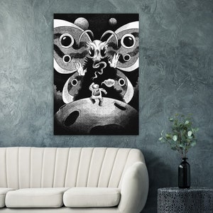 Arte mural de astronauta en el espacio. Póster de astronauta de dibujos animados. Arte mural de encuentro con extraterrestres. Arte mural de astronauta y polilla. Arte mural de galaxia. Póster del espacio exterior.