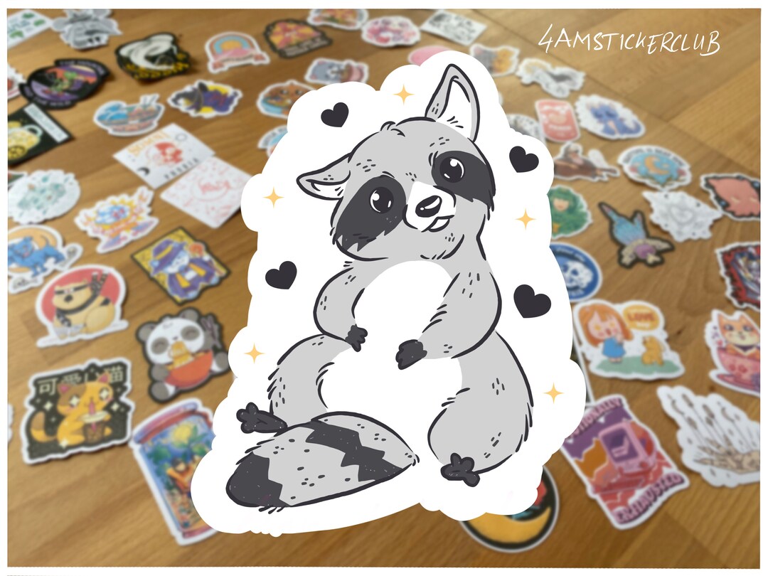 Cute Adorable Racoon Sticker Cute Little Raccoon Sticker Illustration Fluffy Racoon Surrounded by ...