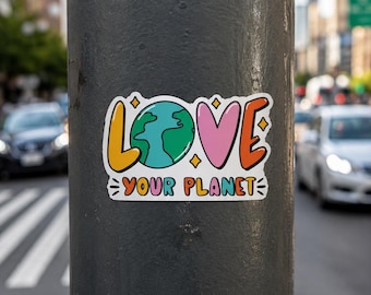 Love Your Planet Sticker: Retro Earth Day Art Decal - Activist Sticker Art - Save the Nature and stop pollution art illustration