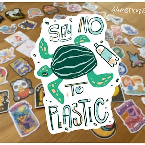 Di no al plástico, pegatina para salvar la tierra, obra de arte del Día de la Tierra, pegatina para proteger nuestro planeta y el océano, pegatina artística, pegatina de amor con tortugas