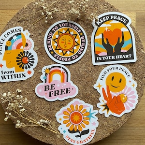 Sticker motivant rétro années 80 en style trait de couleur Sticker rétro années 80, affirmation de soi, sticker livresques - Lot de 6 autocollants