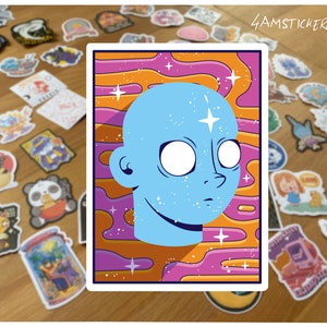 Trippy all seeing bald cartoon head sticker being in outer space with your mind art free your mind art sticker extravagant sticker
