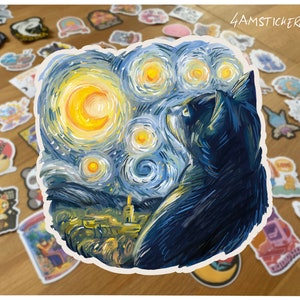 Pegatina de la noche estrellada de Van Gogh, pegatina del gato de Van Gogh, pegatina de la noche estrellada, pegatina temática de pintura al óleo, pegatina retro vintage, pegatina moderna minimalista