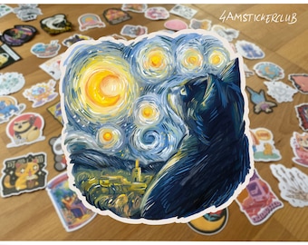 Van Gogh Sternennacht Katze Aufkleber: Retro Aufkleber