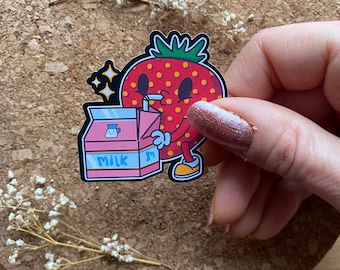Kawaii Strawberry drinking Kawaii Strawberry Milk Sticker Kawaii Sticker Strawberry Sticker Vaporwave Sticker - Matte Finish