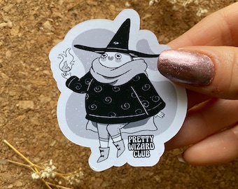 Pretty Wizard Sticker Comic Style Wizard Sticker Black and White Wizard Sticker Retro Magician Sticker Wizard with a Wand - Matte Finish